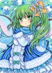  1girl :o blue_gloves blue_ribbon blue_scarf blush center_frills commentary_request cowboy_shot daiyousei eyebrows_visible_through_hair fairy_wings frilled_ribbon frills fur-trimmed_jacket fur-trimmed_scarf fur-trimmed_sleeves fur_trim gloves green_background green_eyes green_hair hair_ribbon head_tilt jacket long_hair looking_at_viewer marker_(medium) one_side_up open_mouth own_hands_together ribbon rui_(sugar3) sample_watermark scarf snowflakes solo touhou traditional_media wings yellow_ribbon 
