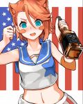  15k 1girl :d @_@ alcohol american_flag animal_ears bangs blue_eyes blush_stickers bottle brand_name_imitation cat_ears clenched_hand collarbone crop_top drunk eyebrows eyebrows_visible_through_hair eyes_visible_through_hair fang flag_background hair_between_eyes holding holding_bottle jack_daniel&#039;s laffey_(warship_girls_r) midriff navel open_mouth red_hair sailor shirt short_hair sleeveless smile solo star_(symbol) star_print swept_bangs upper_body v-shaped_eyebrows warship_girls_r whiskey white_shirt 