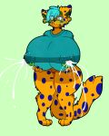  anthro bell big_breasts blue_hair blush bodily_fluids bottomless breasts clothed clothing ear_piercing ear_ring embarrassed eyewear felid feline female firepawdacat_(artist) fluffy_ears front_view fur genitals glasses hair hi_res holding_breast huge_breasts lactating lactating_through_clothing mammal nipple_outline orange_body orange_fur piercing pussy shirt shirt_only solo spots spotted_body spotted_fur thick_thighs topwear topwear_only wet wet_clothing 