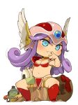  1girl armor bikini_armor blue_eyes breasts chibi choker cleavage dragon_quest dragon_quest_iii food full_body gloves helmet long_hair mota navel onigiri purple_hair red_armor shield simple_background soldier_(dq3) solo sword weapon white_background winged_helmet 