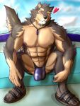  &lt;3 abs anthro blush brown_body brown_fur bulge canid canine canis clothing domestic_dog fur hi_res lifewonders light_green_(pixiv) live-a-hero male mammal muscular muscular_anthro muscular_male one_eye_closed pecs pubraseer purple_eyes solo speedo swimwear video_games wink 