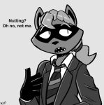  2021 5_fingers accessory anthro black_inner_ear clothing english_text facial_markings felino fingers gloves_(marking) grey_background greyscale hair hair_accessory hairband head_markings looking_away looking_up male mammal markings mask_(marking) meme monochrome necktie ponytail procyonid raccoon shirt simple_background solo suit_jacket text topwear trick_(tricktrashing) 