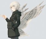  1girl asterisk_kome bird_tail bird_wings commentary_request frances_royce green_jacket grey_pants gun handgun holster holstered_weapon jacket low_wings military military_coat pants short_hair silver_hair standing tail weapon white_wings winged_fusiliers wings 