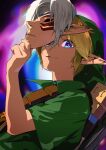  1boy blonde_hair blue_eyes closed_mouth fierce_deity green_headwear green_tunic hat holding holding_mask ikuchan_kaoru link looking_at_viewer male_focus mask pointy_ears sheath sheathed shield simple_background solo sword the_legend_of_zelda the_legend_of_zelda:_majora&#039;s_mask tunic weapon weapon_on_back young_link 
