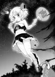  2girls blonde_hair commentary darkness floating food greyscale hair_ribbon hakurei_reimu hand_fan ice_cream monochrome multiple_girls night night_sky out_of_frame outdoors ribbon rumia short_hair sky swimsuit tanasuke touhou youkai 