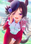  1girl absurdres alternate_costume animal_ears black_hair commentary_request gym_uniform hair_over_one_eye hat herohero_(higashi_no_dou) highres horse_ears horse_girl horse_tail jacket jersey long_hair looking_at_viewer racetrack rice_shower_(umamusume) sky solo tail track_jacket track_suit translation_request umamusume 