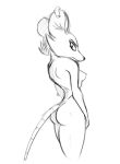  2021 anthro breasts butt ear_piercing female hi_res looking_aside looking_at_viewer mammal monochrome murid murine nipples nude piercing portrait rat rodent schmutzo simple_background small_breasts solo three-quarter_portrait white_background 