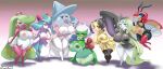  absurd_res anthro barely_visible_genitalia barely_visible_pussy big_breasts breasts female genitals gradient_background green_hair group hair hatterene hi_res kirlia ledian legendary_pok&eacute;mon mawile meloetta nintendo nipples pok&eacute;mon pok&eacute;mon_(species) pussy roserade simple_background the_lost_artist tsareena video_games 