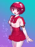  blue_background bow dorothy_haze eyebrows_visible_through_hair gradient gradient_background highres humanoid_robot looking_at_viewer mitake_eil open_mouth purple_background red_bow red_eyes red_hair robot short_hair short_sleeves smile twitter_username va-11_hall-a 