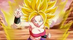  1girl aura big_hair blonde_hair blurry blurry_background breasts caulifla cleavage dragon_ball dragon_ball_super fighting_stance green_eyes grin large_breasts looking_at_viewer pants pink_tube_top purple_pants rom_(20) smile solo spiked_hair strapless super_saiyan super_saiyan_1 tube_top upper_body 