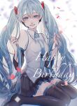  1girl absurdres bangs bare_shoulders black_legwear black_skirt black_sleeves blue_eyes blue_hair blue_nails blue_necktie blurry blurry_background breasts chromatic_aberration collared_shirt commentary detached_sleeves eyebrows_behind_hair hair_between_eyes hands_up happy_birthday hatsune_miku highres holding holding_hair lips long_hair looking_at_viewer medium_breasts necktie nose pleated_skirt shirt sitting skirt sleeveless sleeveless_shirt slit_pupils smile solo thighhighs thighs tie_clip tsubame-shi_(tubame) twintails vocaloid wariza white_background white_shirt wide_sleeves zettai_ryouiki 