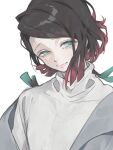  1boy black_hair closed_mouth colored_tips don_(macaron_panda13) enmu_(kimetsu_no_yaiba) green_eyes green_hair head_tilt highres kimetsu_no_yaiba long_hair looking_at_viewer male_focus mole mole_under_eye multicolored_hair red_hair shawl simple_background smile solo streaked_hair turtleneck uneven_eyes upper_body white_background 