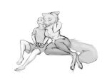  anthro barefoot breasts canid canine canis clothed clothing dress_shirt duo eyes_closed feet female fingers fluffy fluffy_tail footwear hand_holding hand_on_head hi_res human lying male mammal monochrome sandals scared schmutzo shirt simple_background toes topwear white_background wolf 