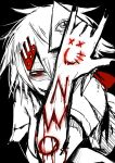  1boy 666 \m/ bags_under_eyes black_background black_nails blood greyscale horror_(theme) illuminati itosiki_zetu messy_hair monochrome original red_eyes self_harm short_hair simple_background solo spot_color stitched_mouth stitches upper_body white_hair 