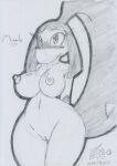  2021 anthro anthrofied blush bodily_fluids breasts female genital_fluids genitals graphite_(artwork) hands_behind_back lunaris_parukia mawile navel nintendo nipples nude pok&eacute;mon pok&eacute;mon_(species) pok&eacute;morph pussy pussy_juice solo thigh_gap traditional_media_(artwork) video_games 