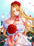  1girl bare_shoulders blonde_hair blush bouquet breasts cleavage commentary_request elbow_gloves flower garter_straps gloves hair_ornament hwansang_jungdog korean_commentary large_breasts leotard long_hair original outdoors parted_lips petals rose rose_petals see-through smile solo thighhighs thighs veil white_gloves white_legwear white_leotard 