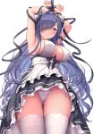  1girl armband armpits ass_visible_through_thighs august_von_parseval_(azur_lane) august_von_parseval_(the_conquered_unhulde)_(azur_lane) azur_lane blush bound bound_wrists breasts dress frilled_dress frills from_below garter_straps grey_hair hair_over_one_eye highres horns large_breasts long_hair looking_at_viewer looking_down mechanical_horns melopun panties purple_eyes sideboob simple_background solo thighhighs underwear white_background white_legwear white_panties 