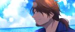  1boy bangs belmond_banderas blue_shirt blue_sky brown_eyes brown_hair choco_(chocovix112) closed_mouth cloud cloudy_sky collared_shirt eyebrows_behind_hair from_side highres horizon long_hair looking_away low_ponytail male_focus nijisanji ocean outdoors parted_bangs ponytail profile shirt sky smile solo thick_eyebrows virtual_youtuber water 