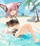  1girl absurdres ahoge animal_ear_fluff animal_ears arknights arm_support auuuie bangs bare_legs bare_shoulders barefoot beach beach_umbrella behind-the-head_headphones bikini black_bikini blue_eyes chair closed_mouth commentary day eyebrows_behind_hair feet_out_of_frame fox_ears fox_girl fox_tail hair_between_eyes hair_ornament hairclip headphones highres knees_up long_hair lounge_chair low_twintails official_alternate_costume palm_tree pink_hair sand shallow_water sitting solo sussurro_(arknights) sussurro_(summer_flowers)_(arknights) swimsuit tail tree twintails umbrella water 