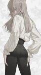  1girl ass black_pants blue_eyes eyebrows_visible_through_hair eyelashes floral_background from_behind hands_on_hips high-waist_pants highres itou_(very_ito) light_brown_hair long_hair long_sleeves looking_to_the_side original pants shirt shirt_tucked_in solo white_background white_shirt 