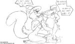  2018 animaniacs annoyed anthro balls barefoot big_penis breasts canid canine canis dated domestic_dog duo english_text feet female fluffy fluffy_tail genitals graphite_(artwork) hair holding_penis kneeling long_hair male male/female mammal minerva_mink mink monochrome mustelid musteline newt_(animaniacs) nude overweight overweight_male penis playing_with_hair short_tail signature simple_background size_difference small_ears speech_bubble standing teasing text tiquitoc touching_penis traditional_media_(artwork) true_musteline url warner_brothers waving_tail white_background 