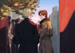  2boys blonde_hair blush brown_hair coffee_cup cup dio_brando disposable_cup fuku_(r-i-h-o) jojo_no_kimyou_na_bouken jonathan_joestar long_coat male_focus multiple_boys phantom_blood scenery smoke trench_coat 