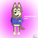  2022 alfie_(bluey) anthro canid canine canis clothed clothing dialogue digital_media_(artwork) domestic_dog english_text freckles fur gradient_background hands_on_back happy looking_at_viewer male mammal multicolored_body multicolored_fur name_tag open_mouth paws pivoted_ears shirt signature simple_background smile solo standing tail_tuft text topwear tuft unknown_artist 