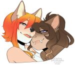  2022 alpha_channel anthro blue_eyes brown_body brown_fur brown_hair canid canine canis digital_media_(artwork) domestic_cat domestic_dog duo felid feline felis female fur hair kittydee mammal orange_hair red_hair simple_background smile transparent_background 