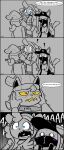  2021 4koma anthro baseball_cap beanie blue_eyes bodily_fluids bra breasts canid canine canis cleavage clothed clothing comic dialogue domestic_cat domestic_dog dumpling_(tricktrashing) english_text exclamation_point face_mask felid feline felino felis female furgonomics gloves greyscale group hair half-closed_eyes handwear hat headgear headwear hi_res hoodie jacket male mammal monochrome motion_lines narrowed_eyes no_pupils onomatopoeia open_clothing open_hoodie open_jacket open_topwear ponytail procyonid pupils raccoon scared shaking slit_pupils smile sound_effects speech_bubble spot_color stardust_(tricktrashing) sweat tail_wraps text tooth_gap topwear trembling trick_(tricktrashing) trio underwear white_eyes wraps yelling 