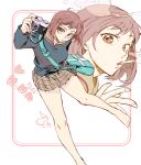  1girl 302 bag barefoot brown_eyes brown_hair camera cigarette flcl handbag highres holding holding_camera inset plaid plaid_skirt pleated_skirt samejima_mamimi school_uniform short_hair skirt solo 