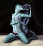  2016 anthro blue_body blue_scales duo erection eyes_closed feathers genitals green_body green_scales hand_on_arm hand_on_chest hand_on_head hi_res intimate kissing kneeling lizard looking_at_another looking_at_partner love male male/male mitokep nude open_mouth orange_eyes penis reptile scales scalie spikes spikes_(anatomy) teeth 