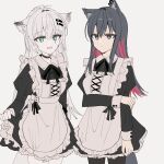  2girls :d alternate_costume animal_ears apron arknights arm_across_chest black_dress black_hair black_legwear black_ribbon blue_eyes chihuri clothes_lift colored_inner_hair cowboy_shot dress dress_lift ear_piercing enmaided fang hair_ornament hairclip highres lappland_(arknights) lifted_by_self long_hair maid multicolored_hair multiple_girls neck_ribbon open_mouth pantyhose piercing red_hair ribbon scar scar_across_eye simple_background smile tail texas_(arknights) white_apron white_background white_hair white_legwear wolf_ears wolf_girl wolf_tail yellow_eyes 