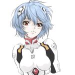  1girl ayanami_rei bambi_surprise blue_hair breasts cropped_arms cropped_torso highres interface_headset looking_at_viewer medium_breasts neon_genesis_evangelion plugsuit red_eyes short_hair signature solo white_background 