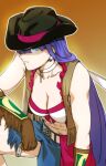  1girl abs aoba_(smartbeat) bikini black_headwear blue_eyes blue_skirt breasts brown_gloves choker cleavage cowboy_hat cross cross_choker earrings fate/grand_order fate_(series) gloves hat jewelry large_breasts leather leather_gloves long_hair looking_at_viewer martha_(fate) martha_(festival_outfit)_(fate) purple_eyes skirt solo swimsuit very_long_hair white_bikini white_choker 