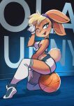  2021 anthro ball basketball_(ball) blonde_hair breasts clothing fabio_paulino female fluffy fluffy_tail footwear gloves hair half-closed_eyes handwear hi_res lagomorph legwear lola_bunny looney_tunes mammal narrowed_eyes open_mouth sitting solo warner_brothers 