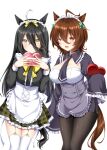  2girls :&lt; :d absurdres ahoge animal_ears apron black_hair black_legwear black_necktie black_shirt bow box breasts brown_hair choker garter_straps green_skirt hair_between_eyes hair_ribbon heart-shaped_box highres horse_ears horse_girl horse_tail large_breasts long_hair looking_at_viewer maid_headdress manhattan_cafe_(umamusume) multiple_girls necktie pantyhose plaid plaid_skirt red_eyes ribbon ryochapu shirt short_apron short_hair simple_background skirt sleeves_past_wrists smile tail thighhighs umamusume valentine very_long_hair waist_apron white_background white_garter_straps white_headwear white_legwear yellow_bow yellow_eyes yellow_ribbon 