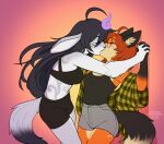  2022 5_fingers anthro black_hair breasts brown_hair canid canine clothed clothing digital_media_(artwork) duo eyes_closed female female/female fingers fox hair kissing kittydee mammal 