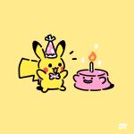  black_eyes bow bowtie candle commentary ditto fire flame hat hatted_pokemon highres james_turner no_humans notice_lines party_hat pikachu pink_bow pink_bowtie pink_headwear pokemon pokemon_(creature) polka_dot_headwear signature smile solid_circle_eyes sparkle standing yellow_background 