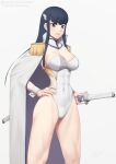  1girl alternate_costume black_eyes black_hair blush breasts cape cleavage covered_nipples detached_collar epaulettes hand_on_hip katana kill_la_kill kiryuuin_satsuki large_breasts leotard looking_at_viewer muscular muscular_female narrow_waist putcher solo sword thighs weapon white_background wrist_cuffs 