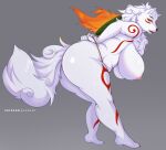  amaterasu anthro big_breasts big_butt breasts butt canid canine capcom clothed clothing deity female fur grey_background harnny mammal nipples simple_background solo thong topless underwear video_games white_body white_fur ōkami 
