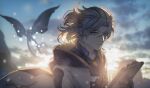  1boy albedo_(genshin_impact) black_gloves blonde_hair blue_eyes blue_sky blurry blurry_background bug butterfly clipboard closed_mouth cloud genshin_impact gloves highres holding holding_clipboard hooded_coat jacket looking_to_the_side medium_hair scar scar_on_neck sky solo sunrise tomanattsu vision_(genshin_impact) white_jacket 