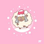  :d animal_focus commentary english_commentary full_body hat hatted_pokemon highres james_turner no_humans open_mouth pink_background pokemon pokemon_(creature) red_headwear santa_hat sheep signature smile solo wooloo 