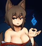  1girl absurdres animal_ears ash_sarai bare_shoulders black_eyes black_kimono breasts brown_hair cleavage collarbone d-floe eyebrows_visible_through_hair fox_ears fox_tail highres hitodama japanese_clothes kimono large_breasts looking_at_viewer off-shoulder_kimono original parted_lips short_hair smile solo tail thick_eyebrows 
