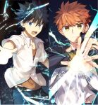  2boys angry bangs belt black_hair black_pants blue_eyes closed_mouth collarbone commentary_request crossover duel emiya_shirou eyebrows_visible_through_hair fate/stay_night fate_(series) hair_between_eyes highres kamijou_touma long_sleeves multiple_boys nikame open_mouth orange_hair orange_shirt pants partially_unbuttoned raglan_sleeves school_uniform shirt short_hair short_sleeves signature spiked_hair teeth toaru_majutsu_no_index untucked_shirt upper_body white_shirt 