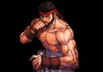  1boy abs beard black_hair closed_mouth facial_hair fighting_stance headband hungry_clicker large_pectorals looking_at_viewer male_focus muscular muscular_male pectorals red_headband ryu_(street_fighter) short_hair simple_background solo street_fighter topless_male vambraces 