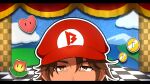  1boy bangs belmond_banderas brown_eyes brown_hair cabbie_hat checkered_floor choco_(chocovix112) coin cosplay curtains eyebrows_behind_hair hat highres letterboxed male_focus mario mario_(cosplay) mario_(series) nijisanji outline parted_bangs peeking_out red_headwear thick_eyebrows virtual_youtuber white_outline 