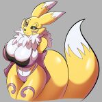 anthro bandai_namco big_breasts breasts chest_tuft cleavage clothed clothing digimon digimon_(species) dipstick_tail female fur hi_res markings renamon smile solo solratic tail_markings tuft white_body white_fur 
