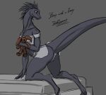  anthro bed claws clothing delta.dynamics dinosaur dromaeosaurid feathered_crest feathered_dinosaur feathers female furniture grey_body handwritten_text head_crest looking_aside pajamas plushie reptile scalie signed simple_background smile solo tan_background theropod underwear 