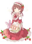  1girl :t animal apron bangs blush bow brown_eyes brown_hair bunny center_frills closed_mouth collared_shirt commentary dress eating eyebrows_visible_through_hair food frilled_apron frilled_hairband frills fruit full_body hairband heart highres long_hair long_sleeves looking_at_viewer low_twintails original red_bow red_dress red_hairband sandwich shirt solo strawberry symbol-only_commentary tsukiyo_(skymint) twintails white_apron white_background white_shirt 