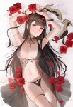  1girl :o artist_name bangs black_bra black_nightgown black_panties blush bra breasts brown_hair chilli_646 dsr-50_(girls&#039;_frontline) eyebrows_visible_through_hair feet_out_of_frame flower girls&#039;_frontline hands_up high_heels highres lingerie long_hair looking_at_viewer lying medium_breasts navel nightgown on_back panties petals red_eyes shoe_removed simple_background solo underwear very_long_hair 